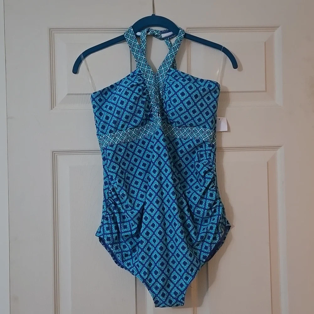 NWT Motherhood Maternity Blue Patterned Halter One-Piece Swimsuit - Picture 2 of 9